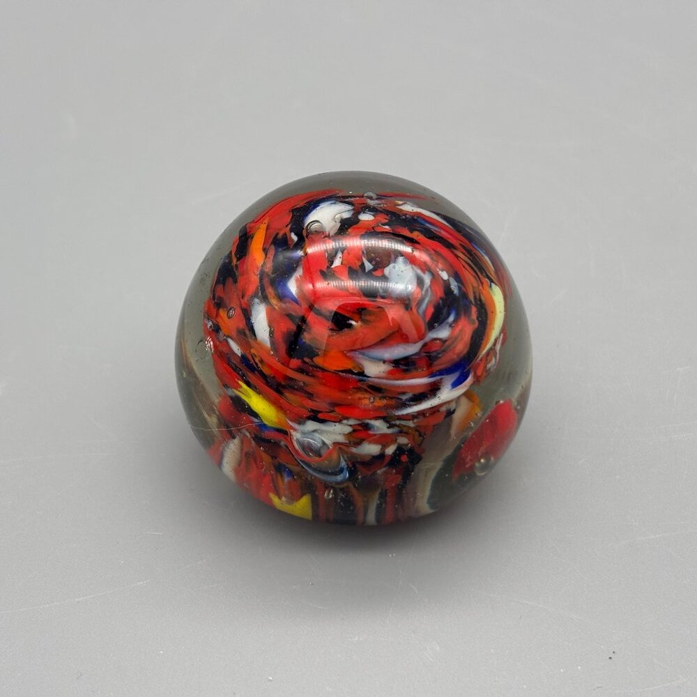 Vintage Art Glass Paperweight Hand Blown Swirl Design Red Blue White Desk Decor